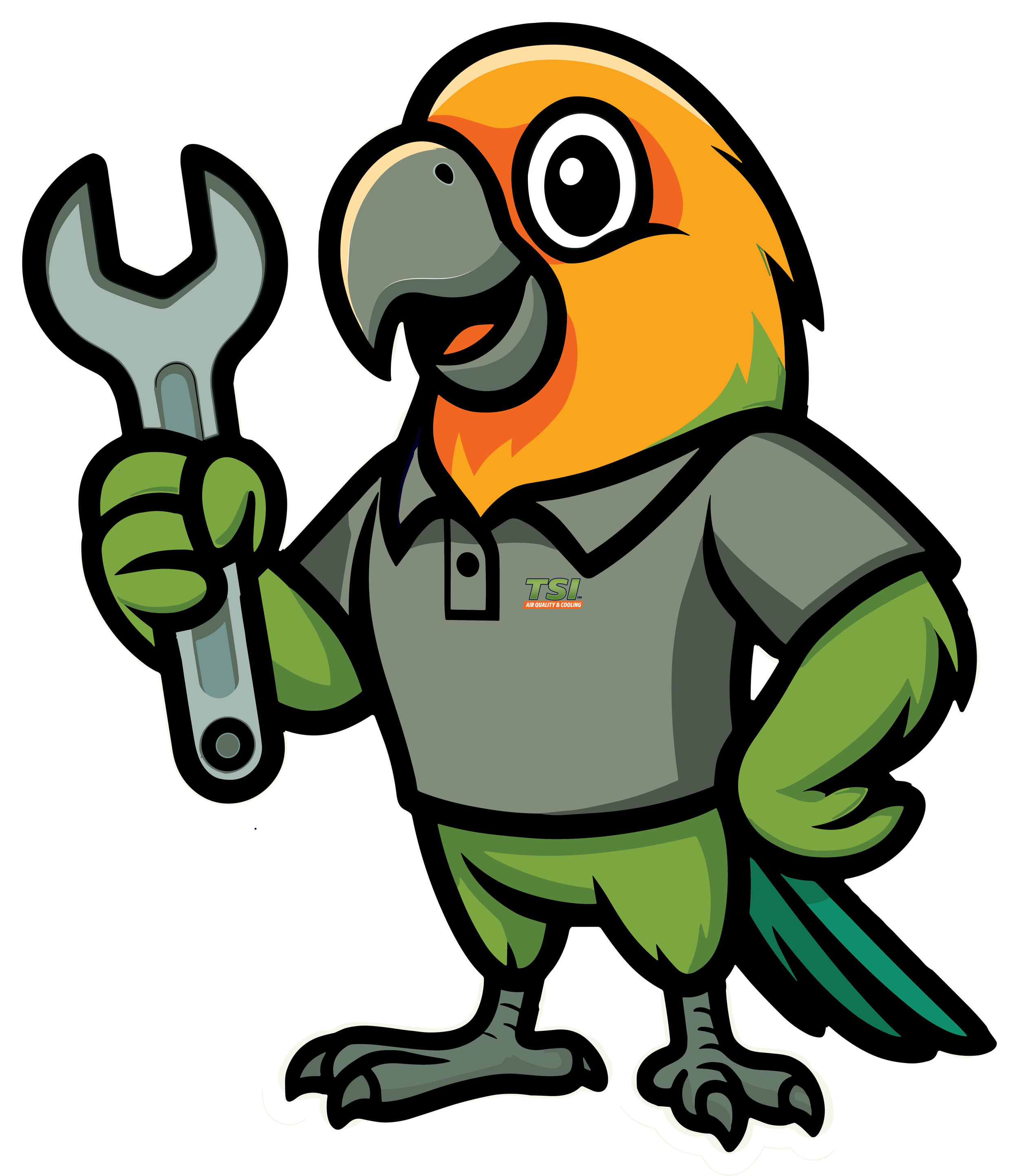 A cartoon-style bird holding a large wrench in its right wing, standing upright with a friendly expression, wearing a gray shirt with a small logo.