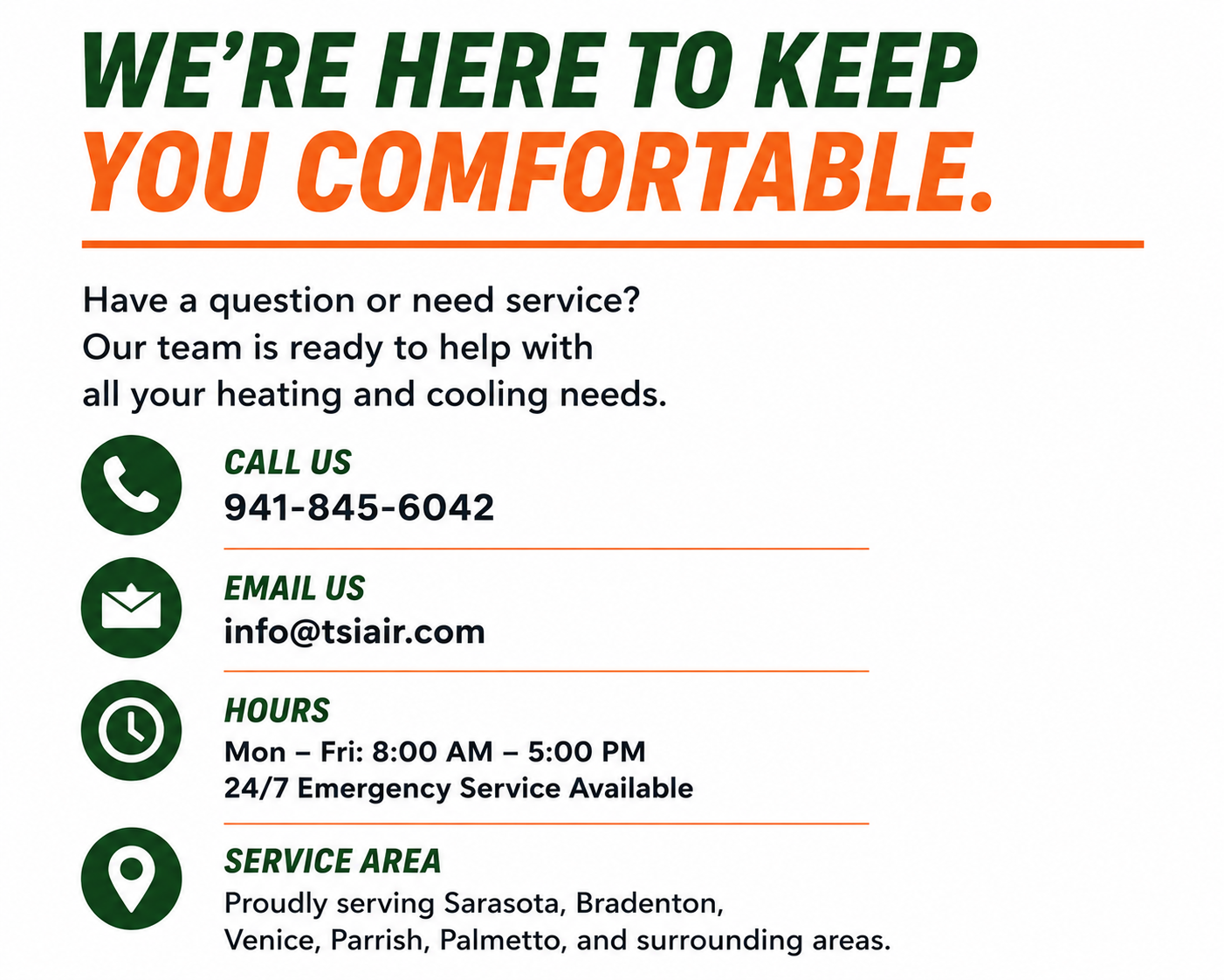 A flyer for a heating and cooling service company featuring bold green and orange text, contact numbers, email, service hours, and coverage areas.