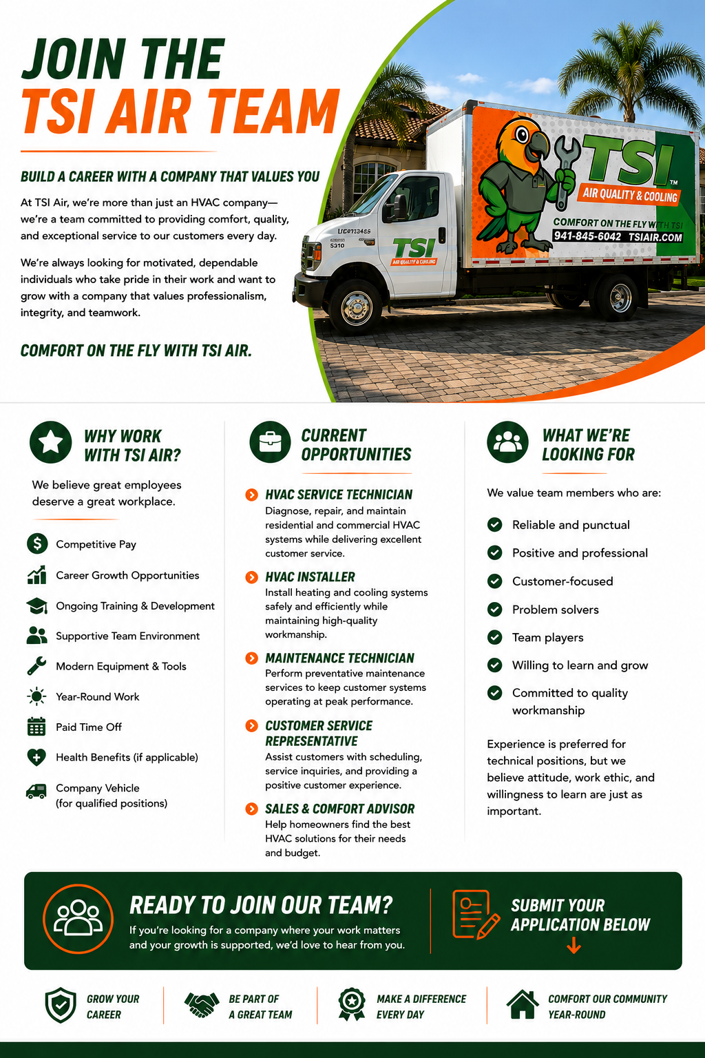 A recruitment poster for TSI Air, showcasing a company truck with a colorful parrot mascot holding a wrench, and text promoting careers and opportunities in HVAC services.