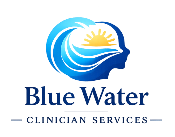 Logo for Blue Water Cleaning Services featuring a blue wave and a yellow sun.