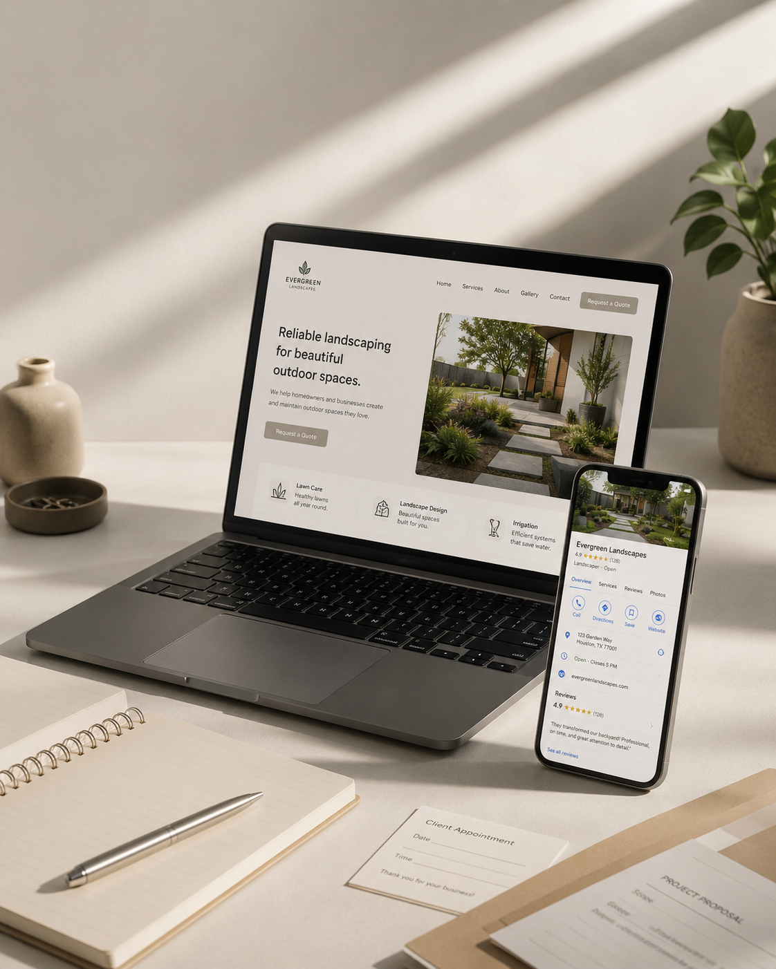 Laptop and smartphone displaying landscaping service website and profile, on a white desk with notebooks, pen, and potted plants.