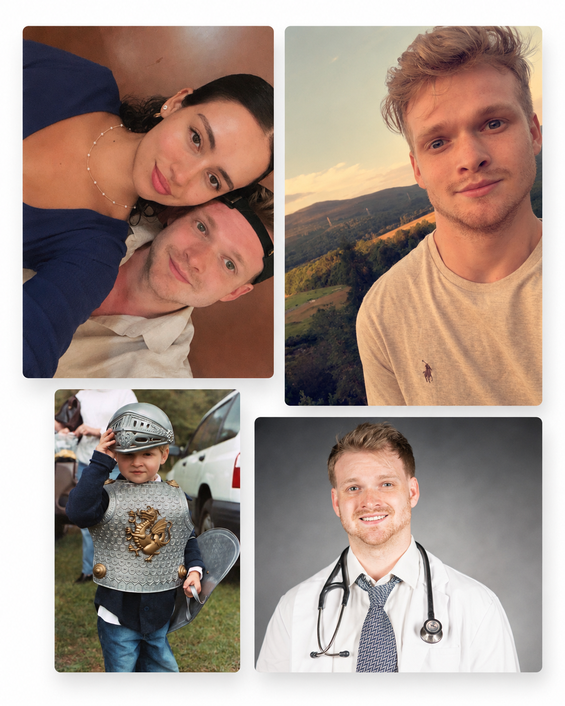 A collage of four photos featuring diverse people. Top left: A woman with dark hair and earrings, and a man lying on a surface, smiling at the camera. Top right: A young man with blond hair, outdoors with a hilly landscape in the background, during sunset. Bottom left: A young boy wearing medieval armor and a helmet, holding a sword and shield outdoors. Bottom right: A male doctor with short blond hair, wearing a white coat and stethoscope, smiling at the camera.