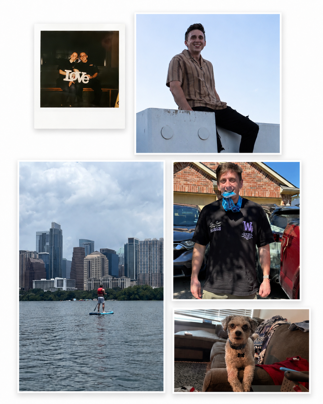 Collage of five photographs: two men smiling, one sitting on a rooftop wall, a cityscape with a person paddleboarding, a man standing in a driveway with a medal, and a small dog sitting on a couch.