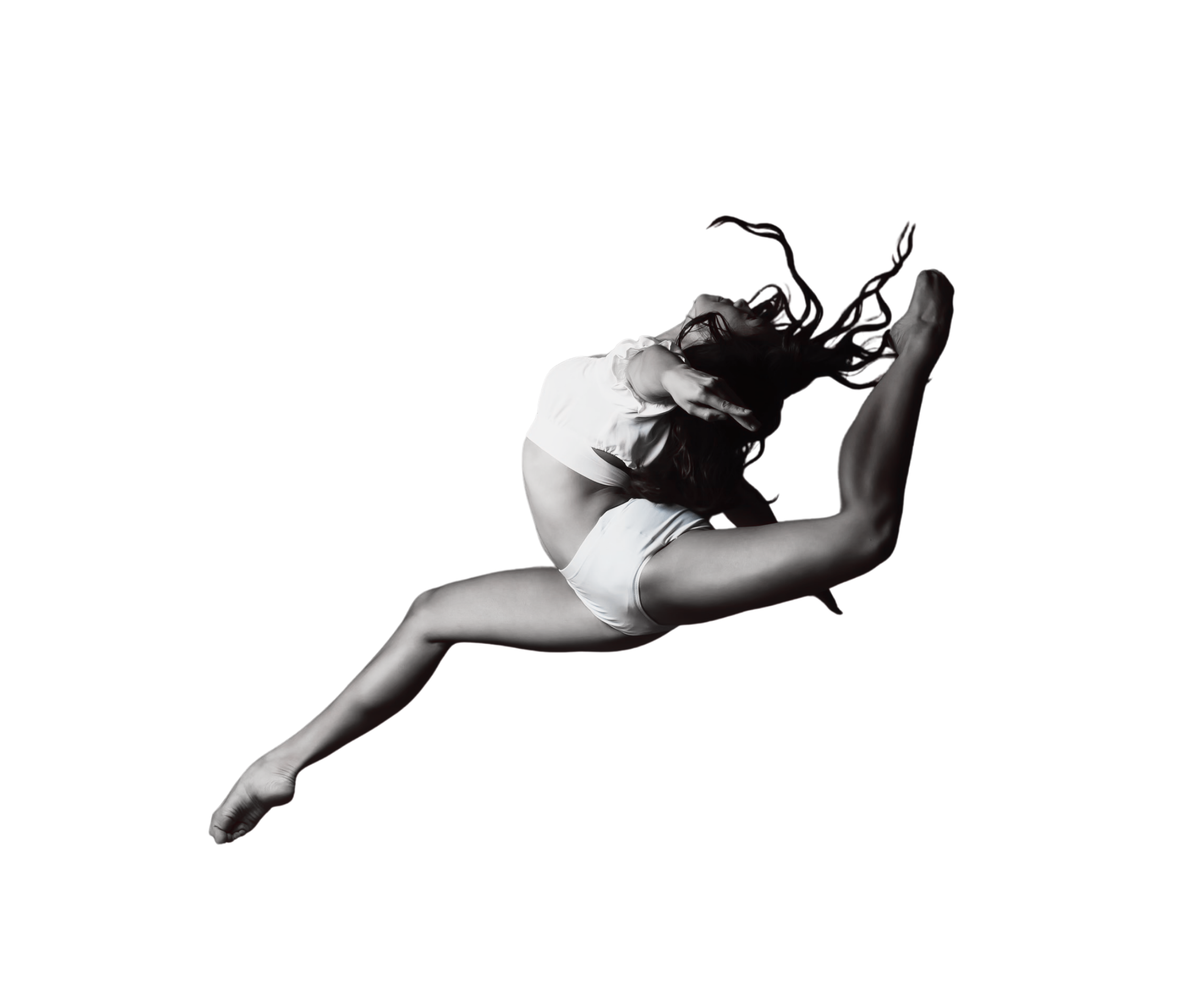 A dancer in a white costume performing a pose against a black background.