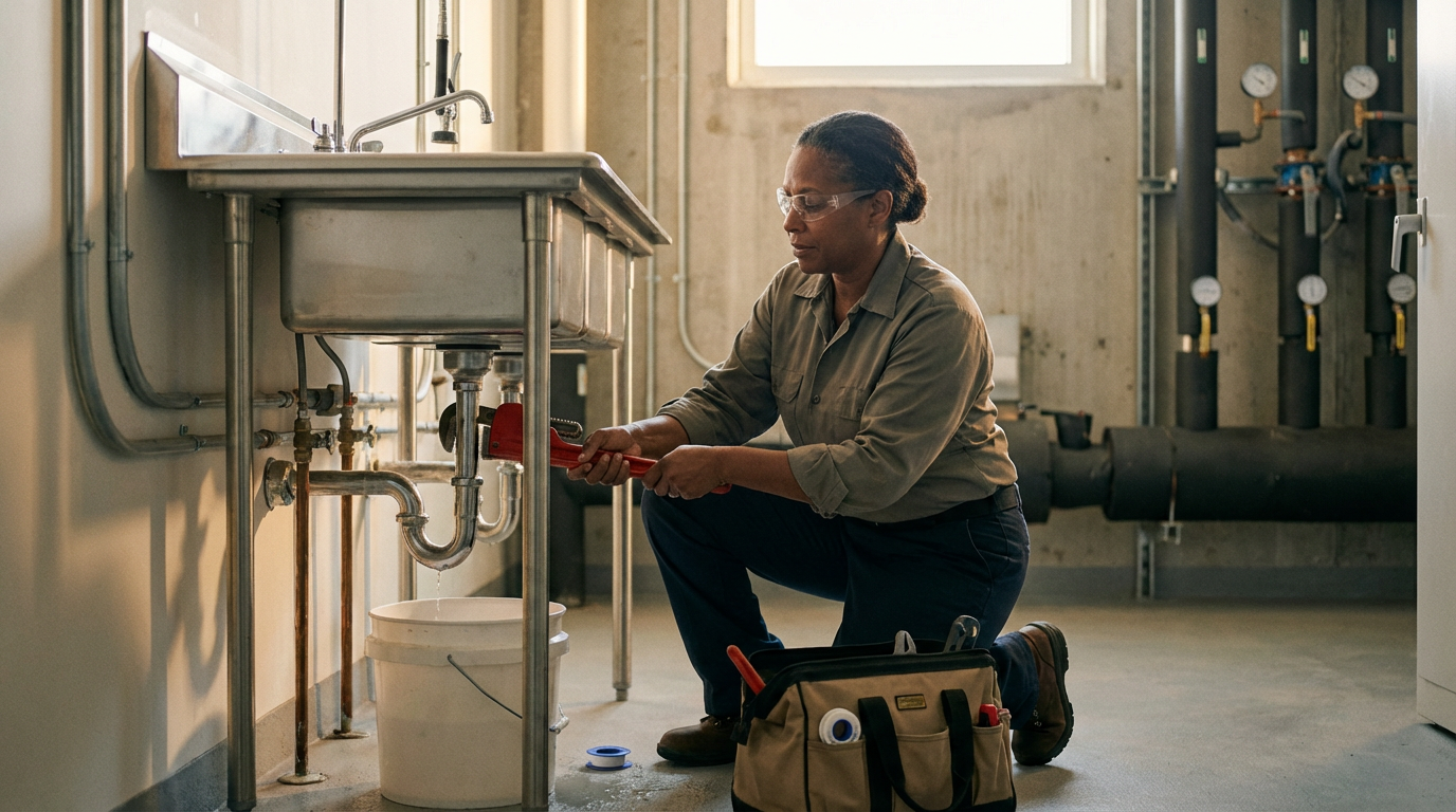 A maintenance worker in protective glasses kneels on the floor of a utility room, using a red pipe wrench to work on plumbing under a sink. The worker's tool bag is on the floor nearby, and plumbing pipes are visible in the background.