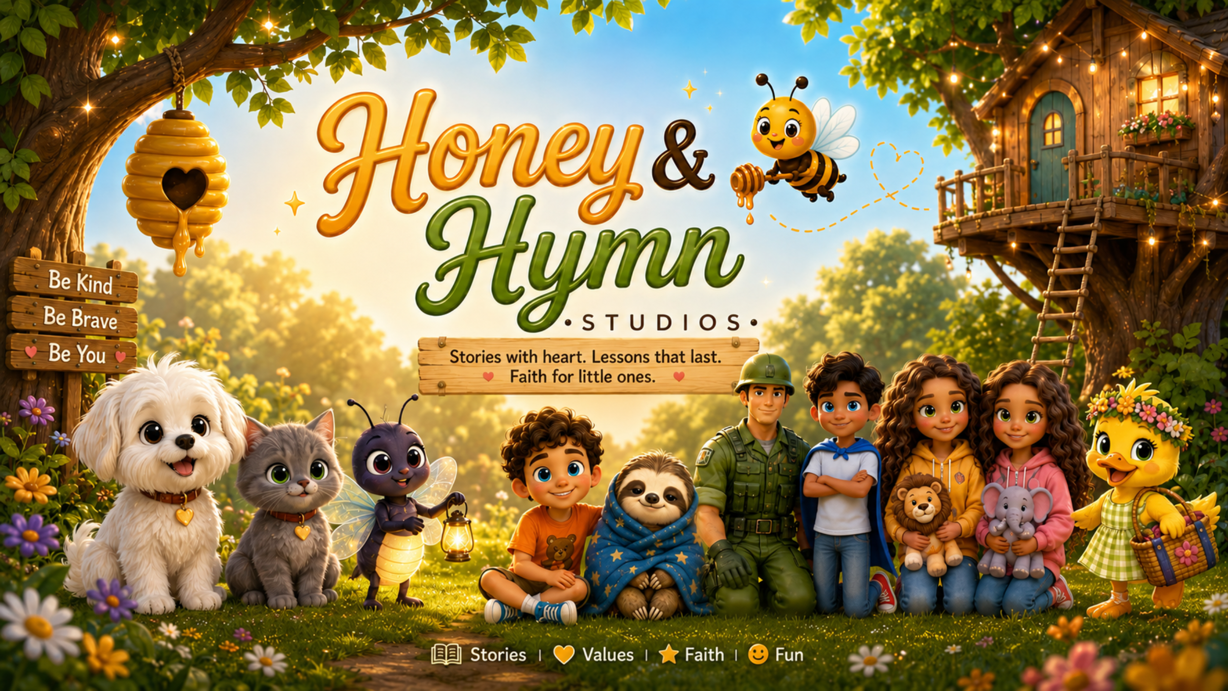 A colorful, animated scene with children, animals, and insects in a garden surrounding a large tree with a treehouse. The scene features cartoon styles with characters including a puppy, a kitten, bees, a girl with yellow hair, and a boy with glasses. There are signs with positive messages and a main title that reads 'Honey & Humm Studios,' with a tagline about stories and lessons for children.