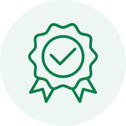Green badge with a checkmark inside, signifying approval or certification.