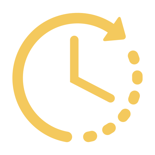 Gold clock icon with arrow and dotted line, symbolizing time or a countdown.