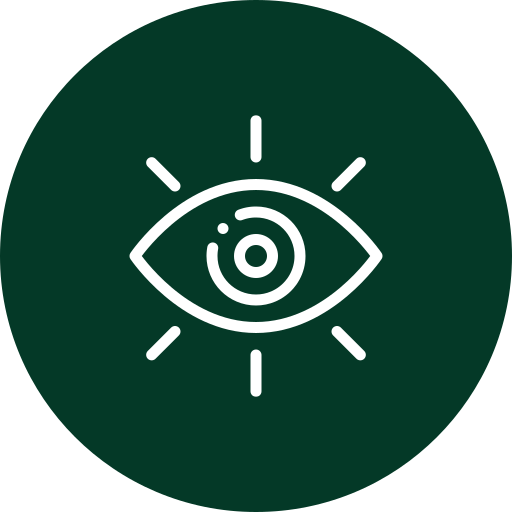 White eye icon with radiating lines on dark green background.