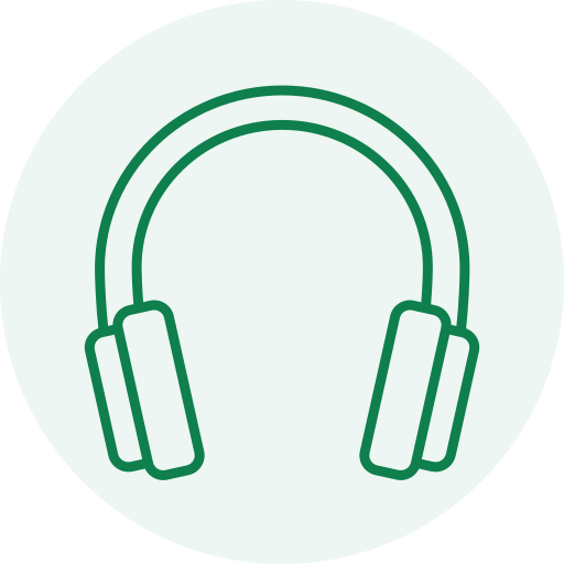 Line art illustration of over-ear headphones with green outlines on a light background.