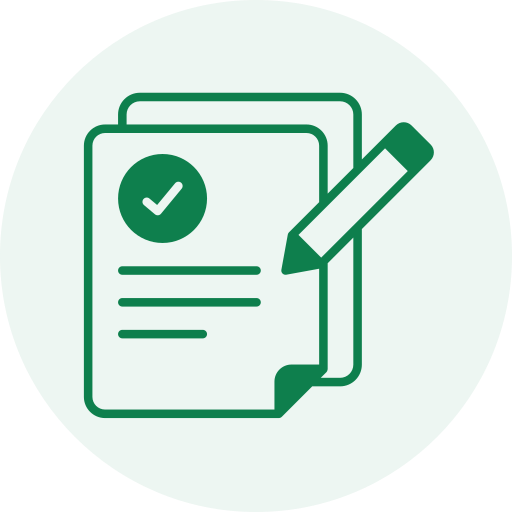 Icon of a document with a checkmark and a pencil, representing completing or signing a form.