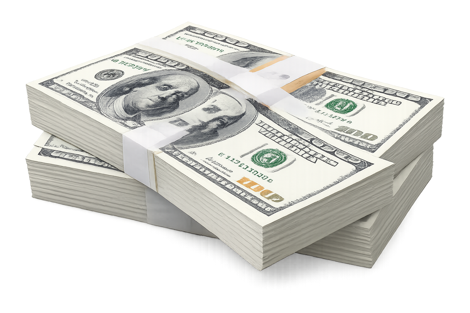 Stack of hundred-dollar bills with a rubber band around them, lying on a light-colored surface.