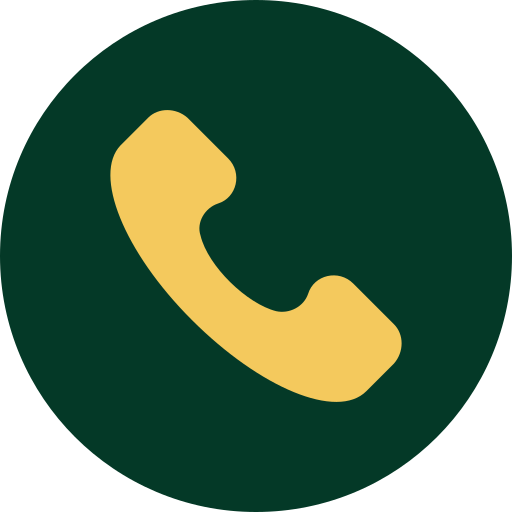 Icon of a yellow telephone receiver on a dark green circular background.