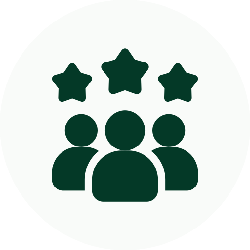 Icon of three stars above three people representing customer or employee satisfaction