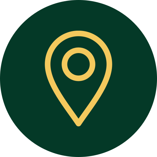 Map pin icon on a dark green circular background.