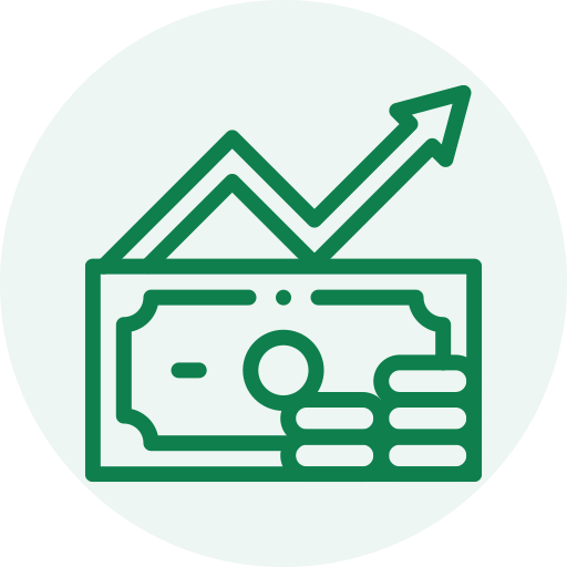 Icon of a rising financial graph with an upward arrow, overlaid on a dollar bill and coins, representing financial growth or profit.