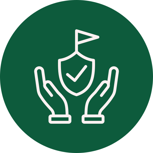 Outline of two hands surrounding a shield with a checkmark and a flag on top, all inside a green circle.