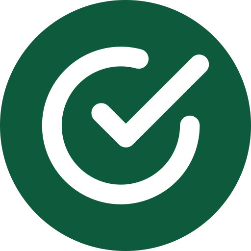 Green circular icon with a white checkmark inside a stylized checkmark circle.
