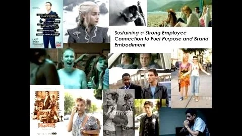 Collage of various movie and TV show scenes featuring actors in different settings, along with a quote about employee connection and brand embodiment.