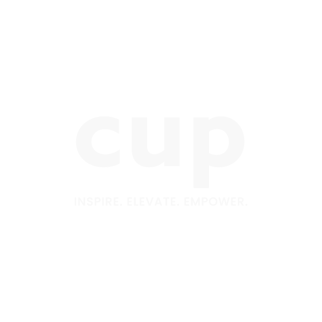 Black background with a white, scalloped circular border, featuring the word 'cup' in large white lowercase letters in the center, and the slogan 'Inspire. Elevate. Empower.' underneath.