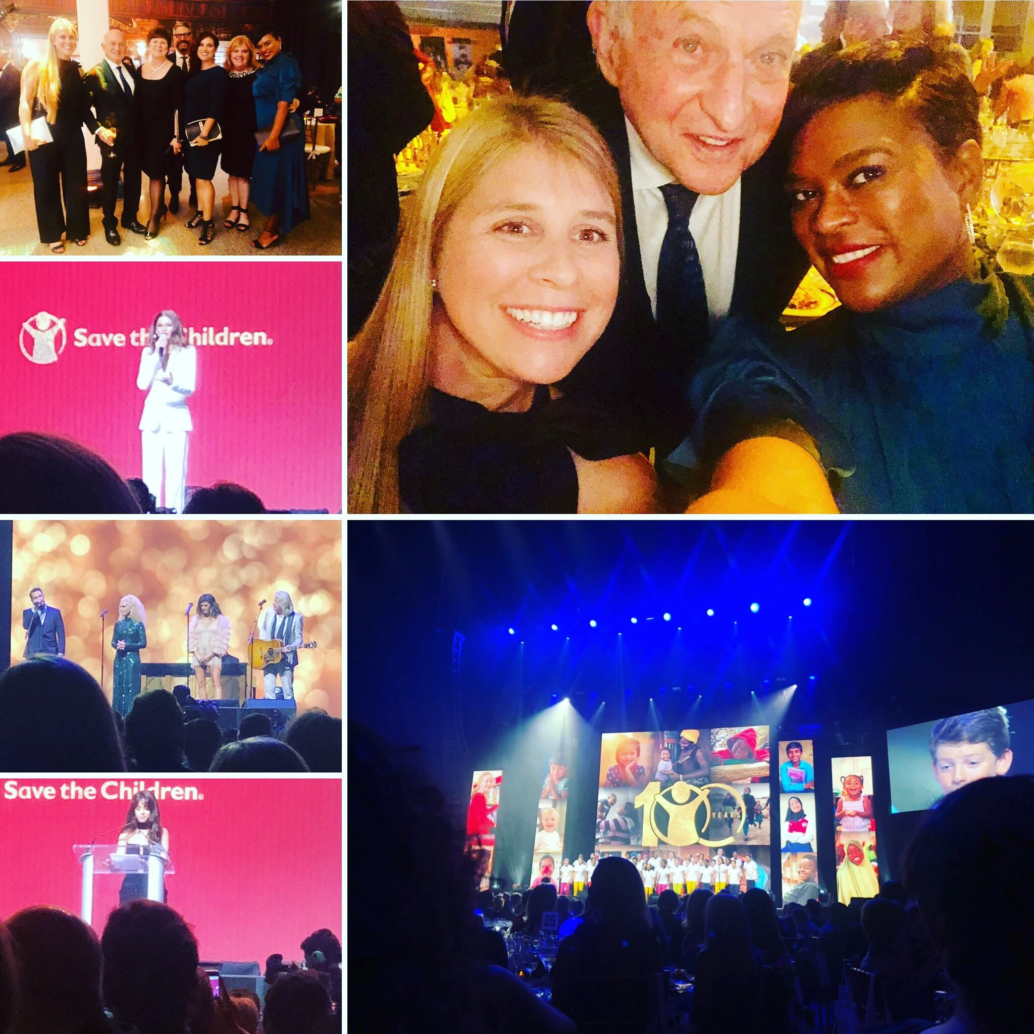 Composite photo of a formal event with five women and one man dressed in evening wear, taking a selfie with three people on stage singing into microphones, a large screen with children photos, and a stage with blue lighting and a crowd in the foreground. There are event banners that say "Save the Children".