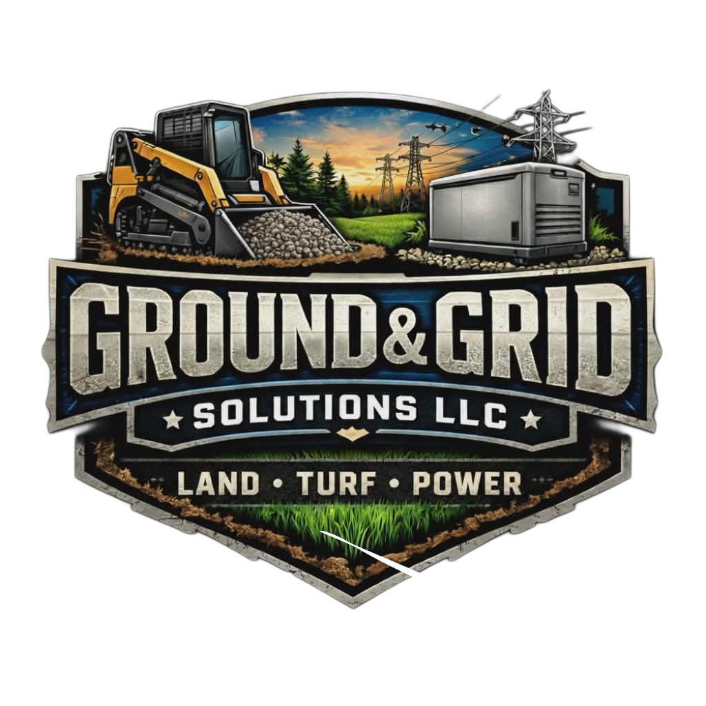Logo — Ground & Grid Solutions LLC logo featuring construction equipment, power lines, and the tagline Land, Turf, Power