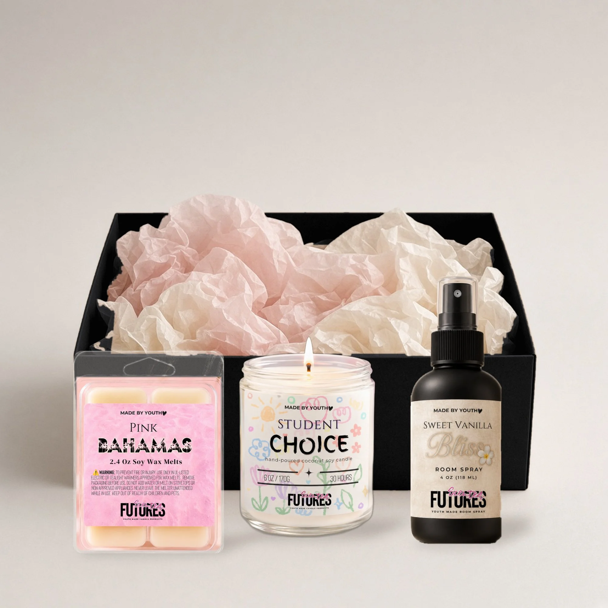 Scented Futures Gift Bundle packed in a black gift box with pink and cream tissue