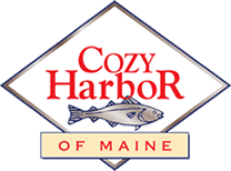 Cozy Harbor of Maine sign with a fish graphic