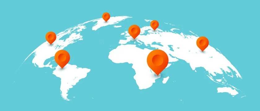 World map with orange location pins on different continents.