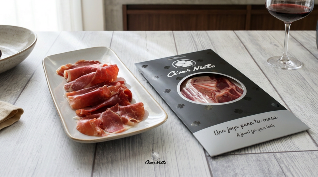 Plate of sliced Spanish "César Nieto" Iberico ham, a glass of red wine, and packaging of ham brand César Nieto on a wooden table.