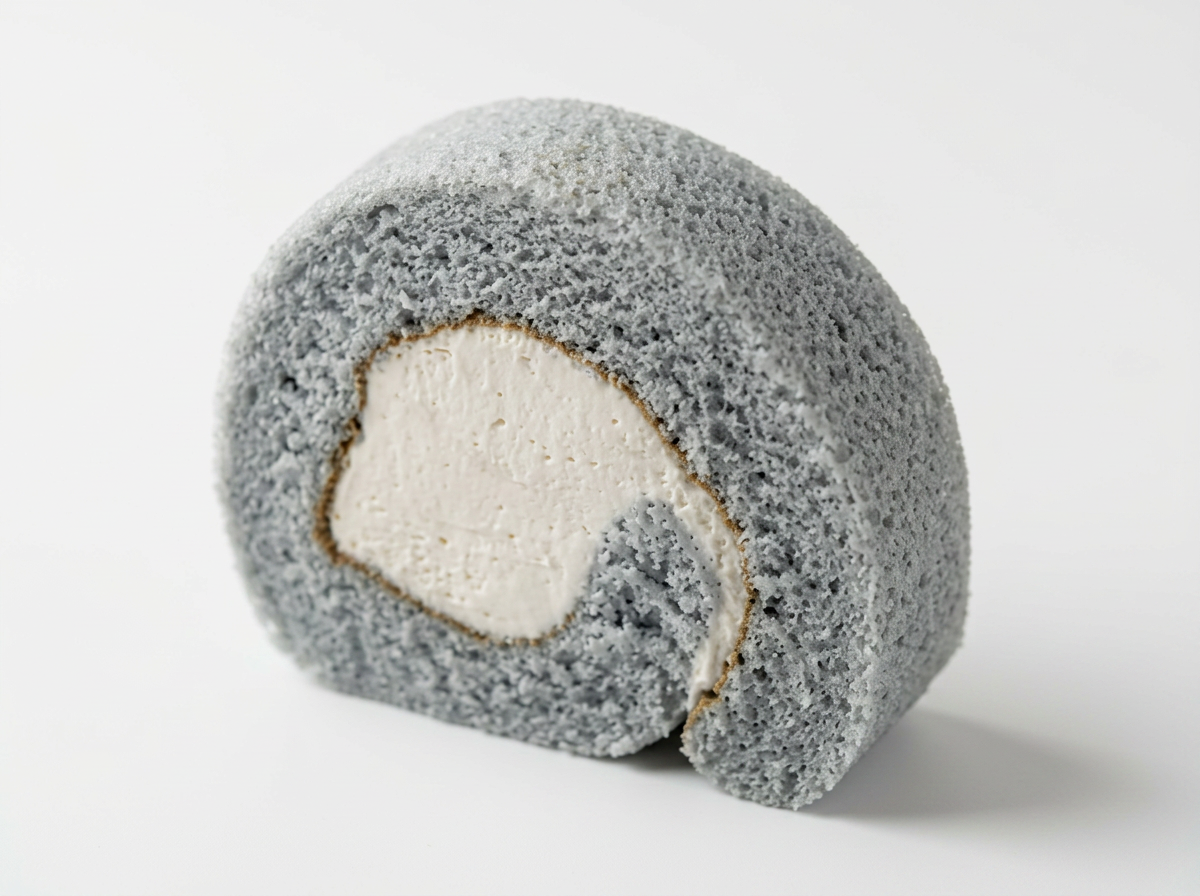 Close-up of a gray snow-covered JG Yougurt Flavour Roll Cake with white cream filling on a white background.