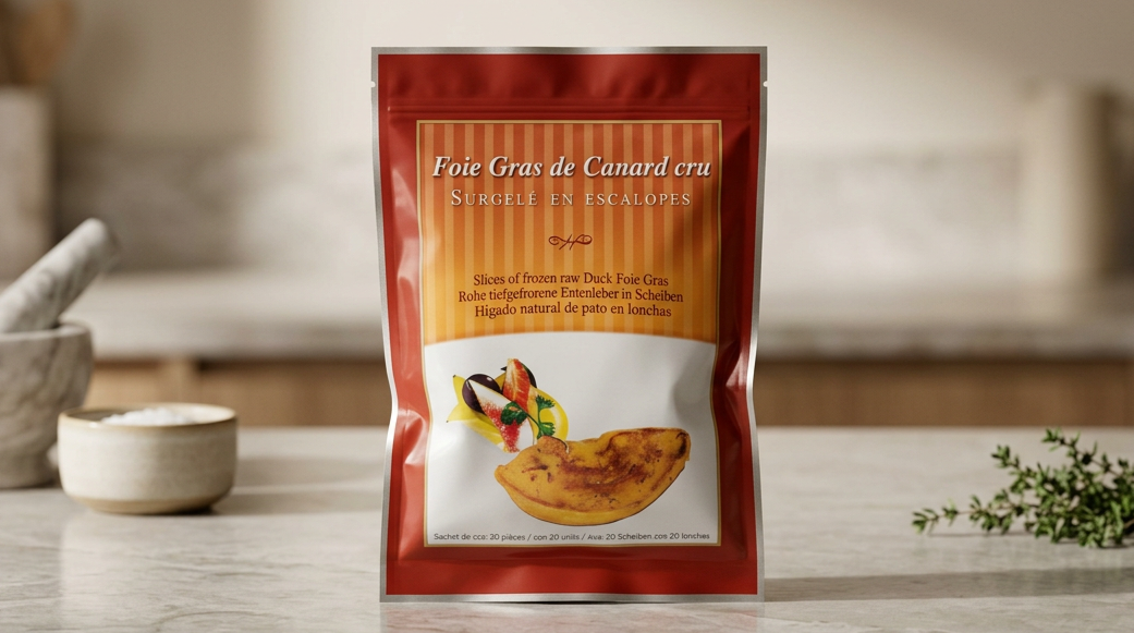 A package of frozen Hungary Duck Liver Sliced  with an illustration of a cooked foie gras slice and colorful vegetables on the front.
