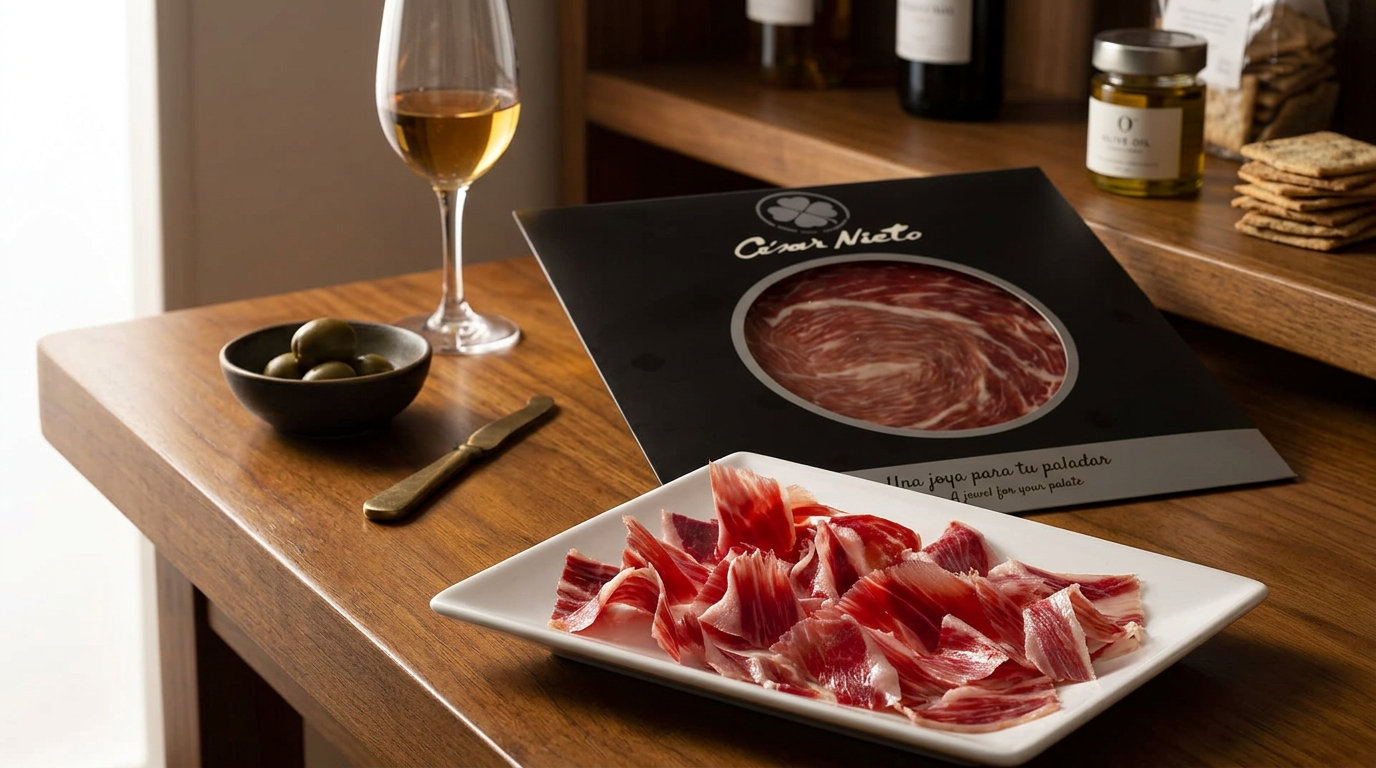 A wooden table with a glass of white wine, a small bowl of green olives, a knife, a plate of sliced Spanish "César Nieto" Iberico ham, a package of Spanish "César Nieto" Iberico ham, and condiments in jars.