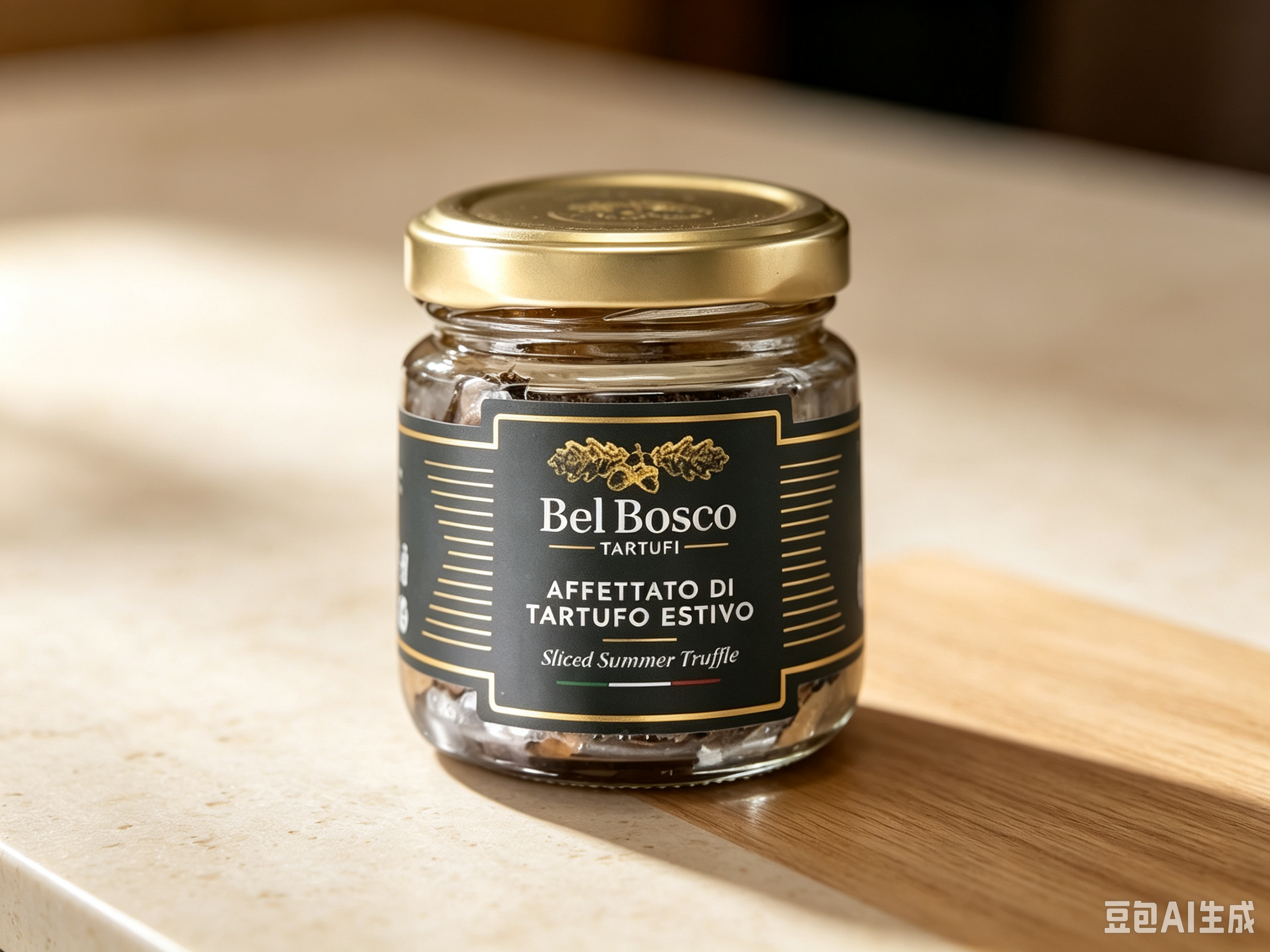 A glass jar of Bel Bosco sliced summer truffle confit, with a black and gold label, placed on a wooden surface. The jar has a gold lid and the label features gold accents.