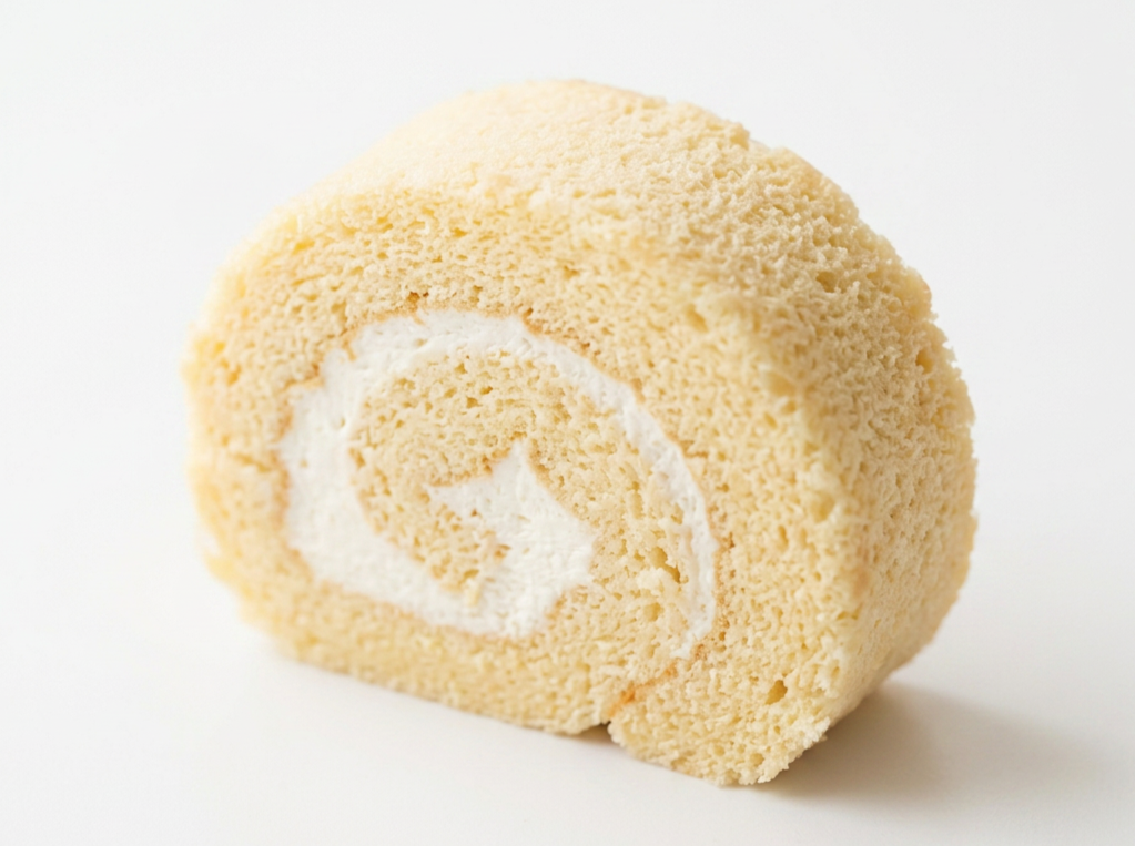 Close-up of a Seaweed Salt Cream Roll cake with cream filling