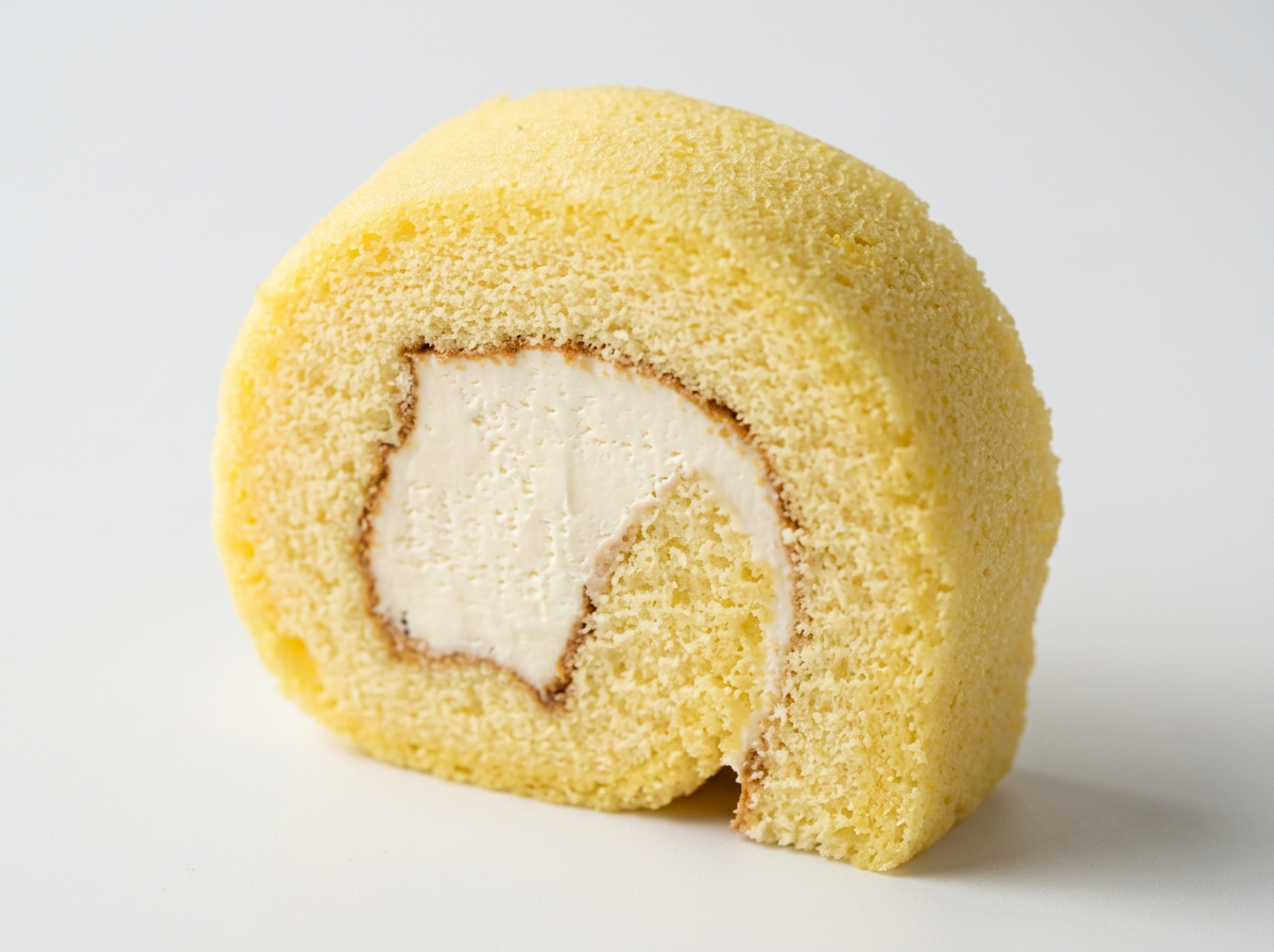 A slice of JG Cheese&Lemon Roll Cake with white cream filling on a plain white surface.