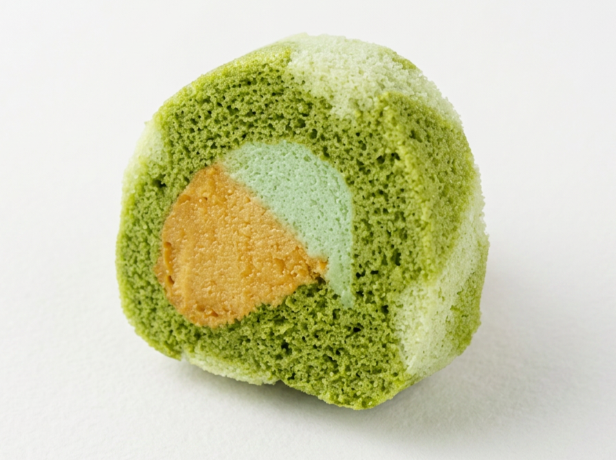 A slice of JG Double Melon Roll Cake green, white, and orange sponge layers and filling.