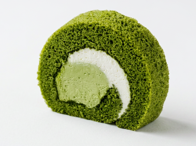 A green matcha-flavored  roll cake with white cream filling and green matcha inside.