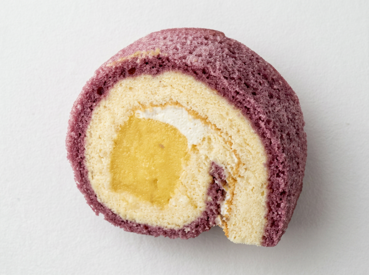 Close-up of a slice of JG Sweet Potato Roll Cake with purple and yellow sponge layers, cream filling, and a yellow fruit center on a white surface.