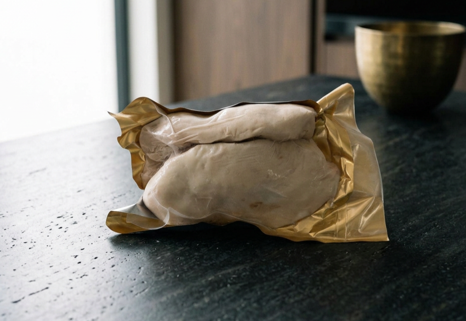 A whole Hungary Goose Liver  wrapped in clear plastic on a dark countertop, with a golden bowl in the background.