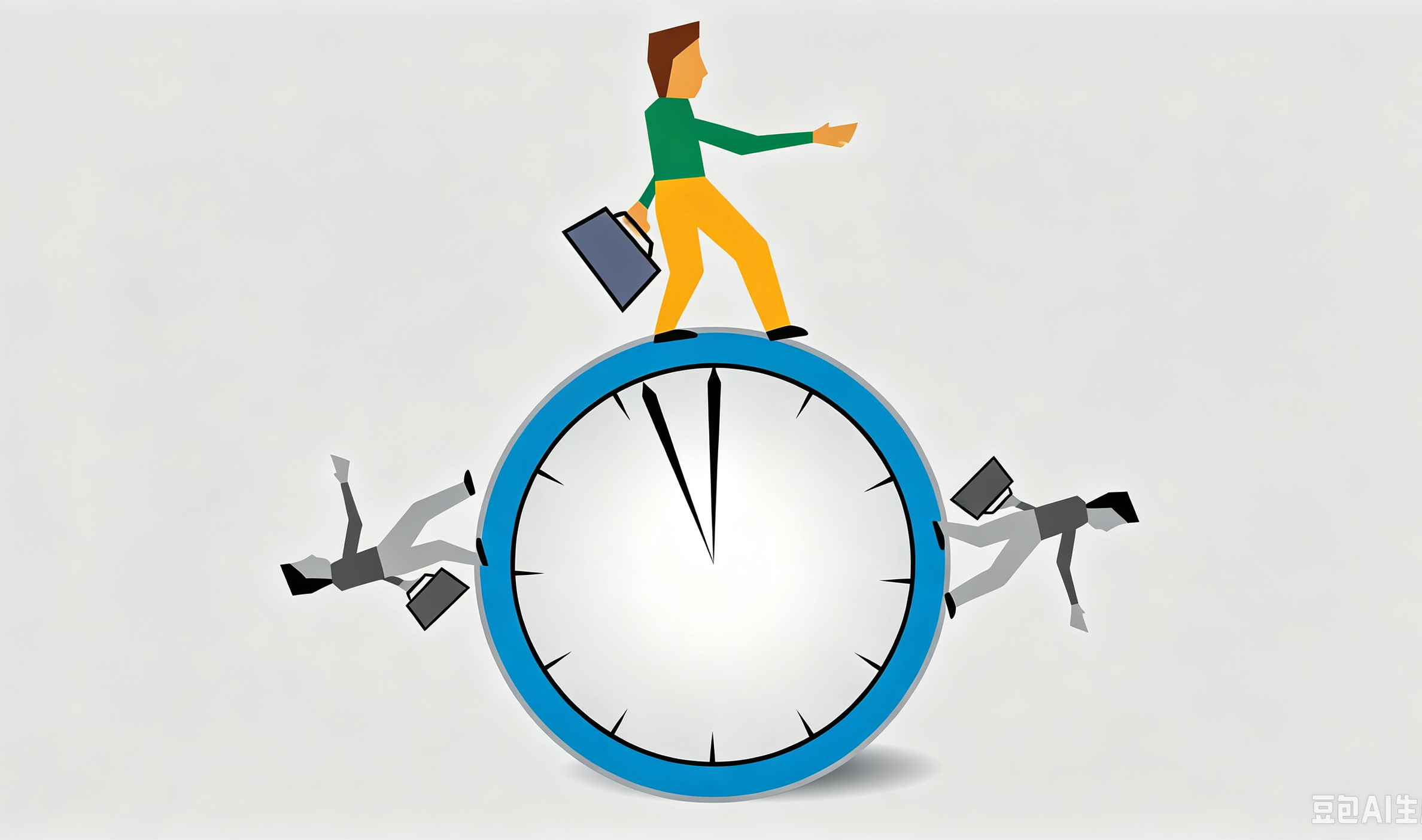 Illustration of a person walking on a clock with broken watch parts and falling papers.