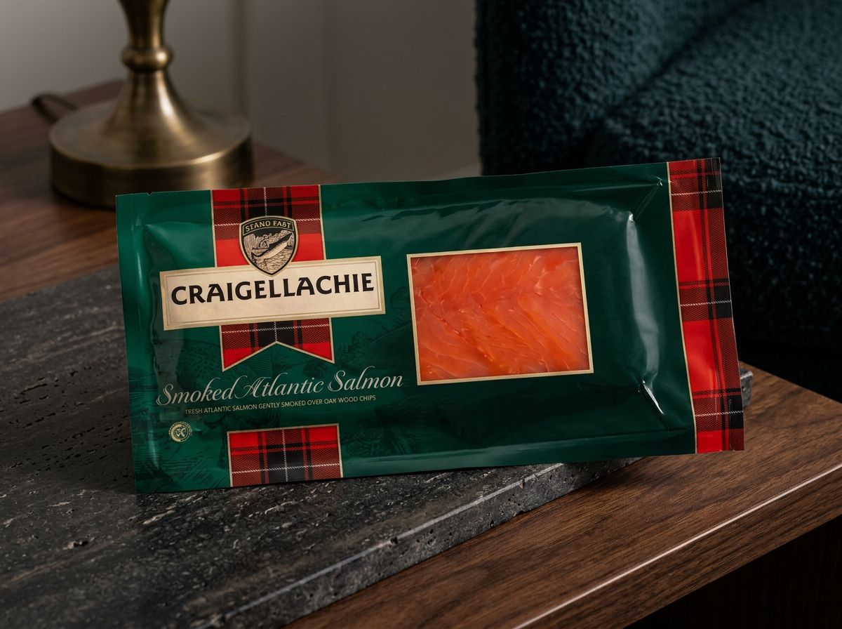Packaged smoked Atlantic salmon with a green and red plaid design, labeled Craigellachie, on a wooden and stone surface near a brass lamp.