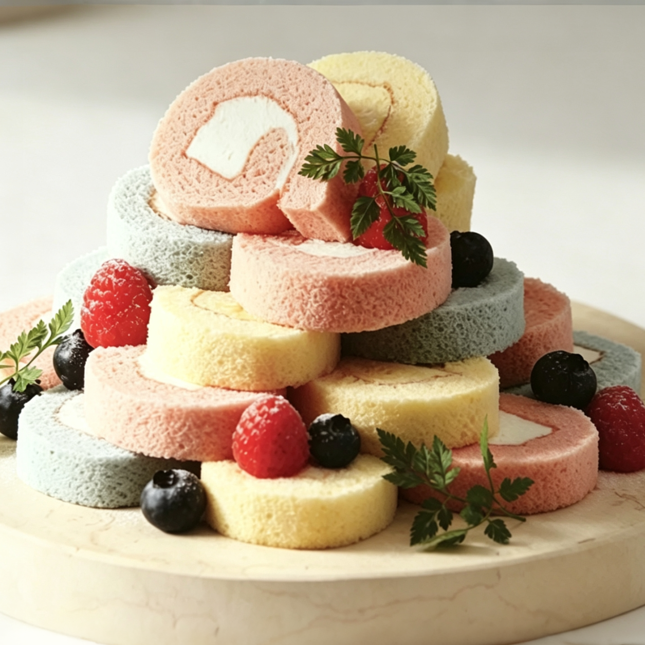 Colorful roll cakes stacked with fresh berries and garnished with parsley on a wooden serving board.