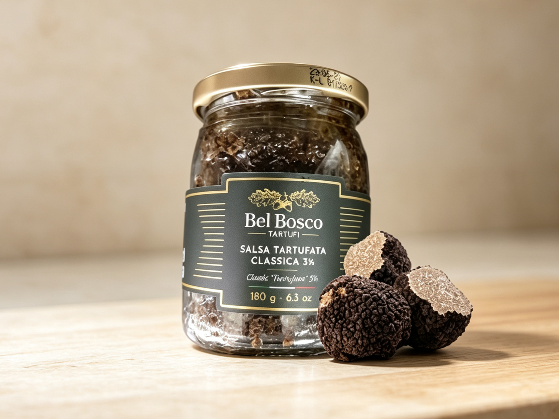 A glass jar of Bel Bosco salsa tartufata with a gold lid, placed on a light wooden surface, with several truffles in front of it.