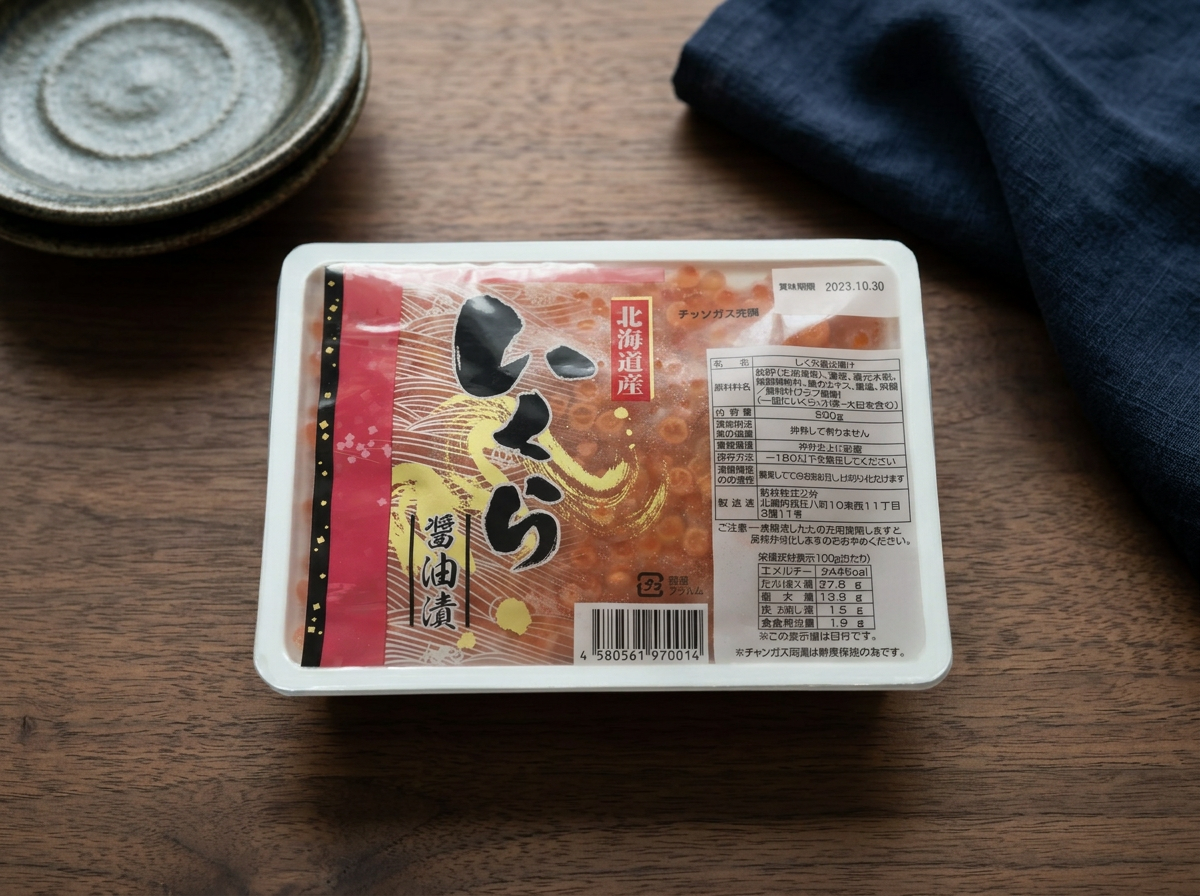 A rectangular plastic container of Japanese food with a label featuring Japanese characters, sitting on a wooden table, with a stack of small ceramic plates and a dark cloth nearby.
