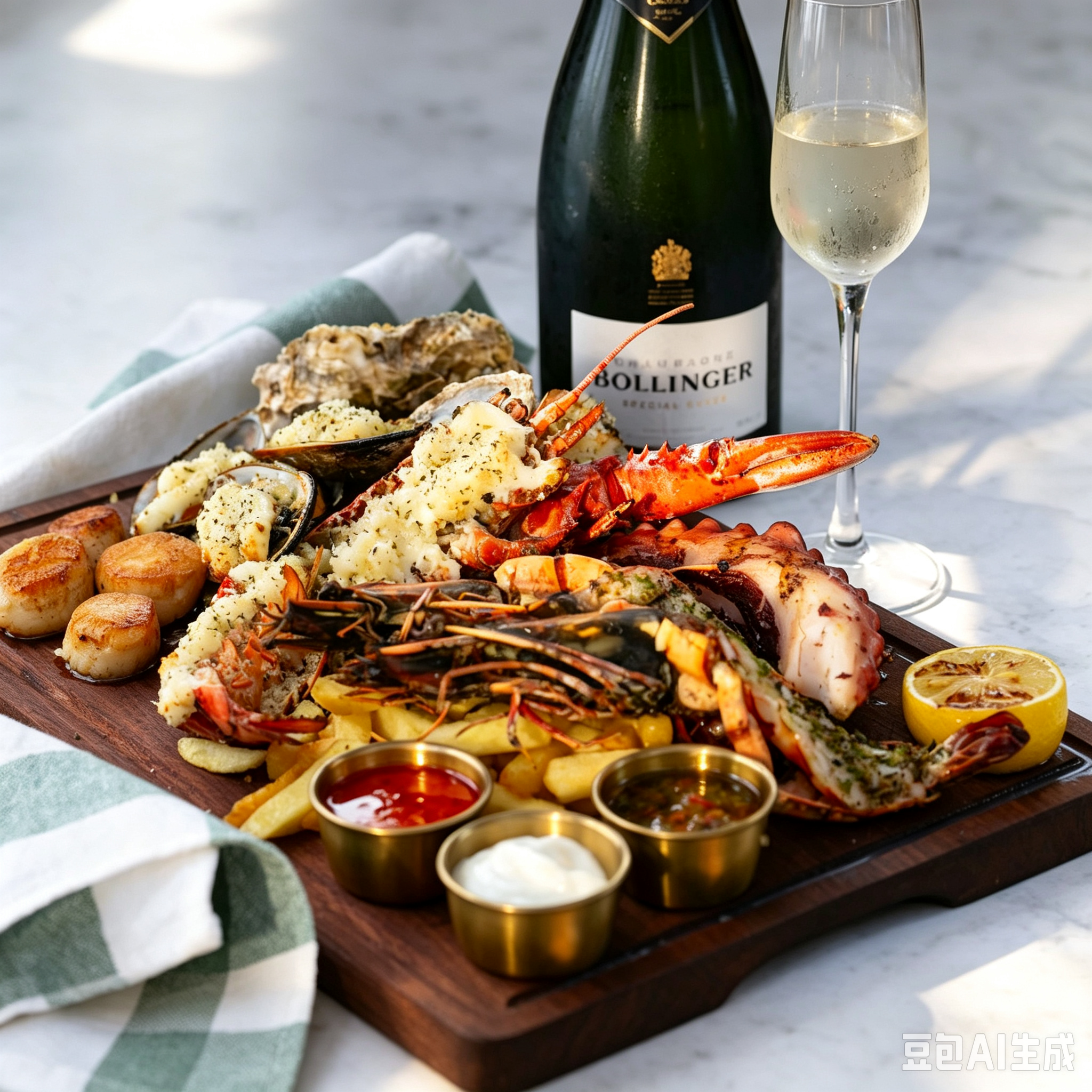 A seafood platter on a wooden serving board with various shellfish, lemon wedges, and three small bowls of dipping sauces, with a bottle of sparkling wine and a glass of champagne in the background.