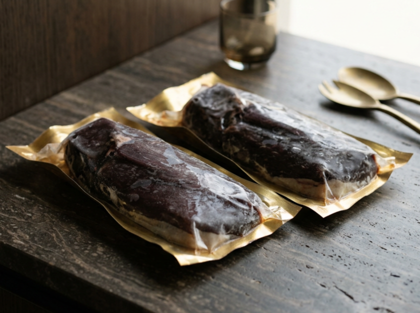 Two vacuum-sealed cuts of Hungary Duck Breast with skin on a rustic wooden surface, with a glass of water and two gold-colored spoons nearby.