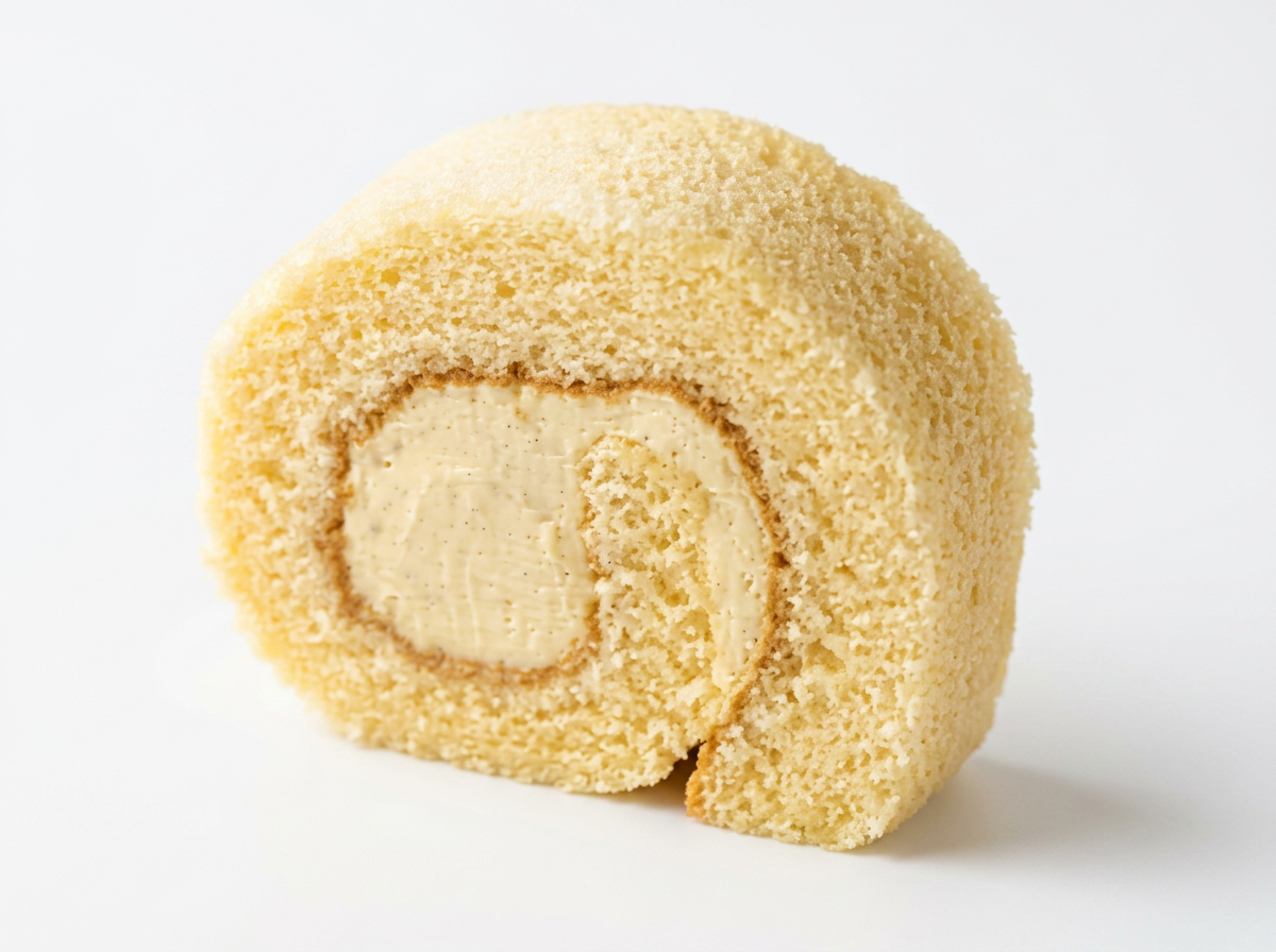 A slice of custard roll cake with cream filling on a white background.