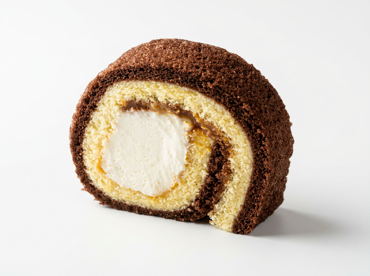 A slice of JG Tiramisu Roll Cake with cream filling on a white background.