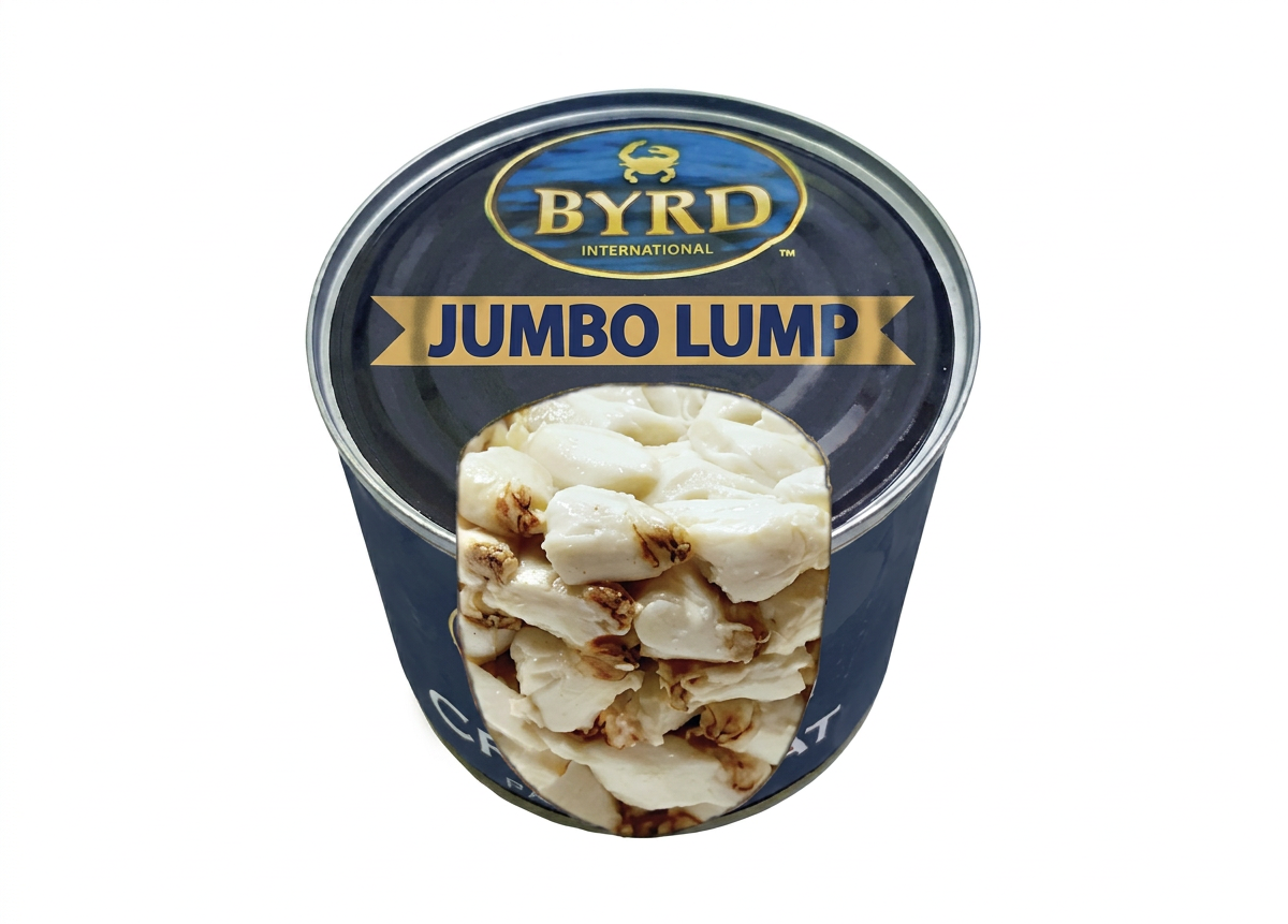 A can of BYRD International Jumbo Lump Crab Meat.